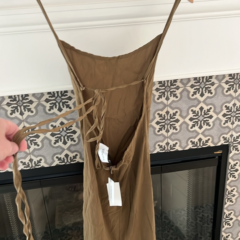 Anemos The K.m. Tie Midi Dress In Stretch Cupro Size Medium M Khaki Olive - Picture 7 of 10